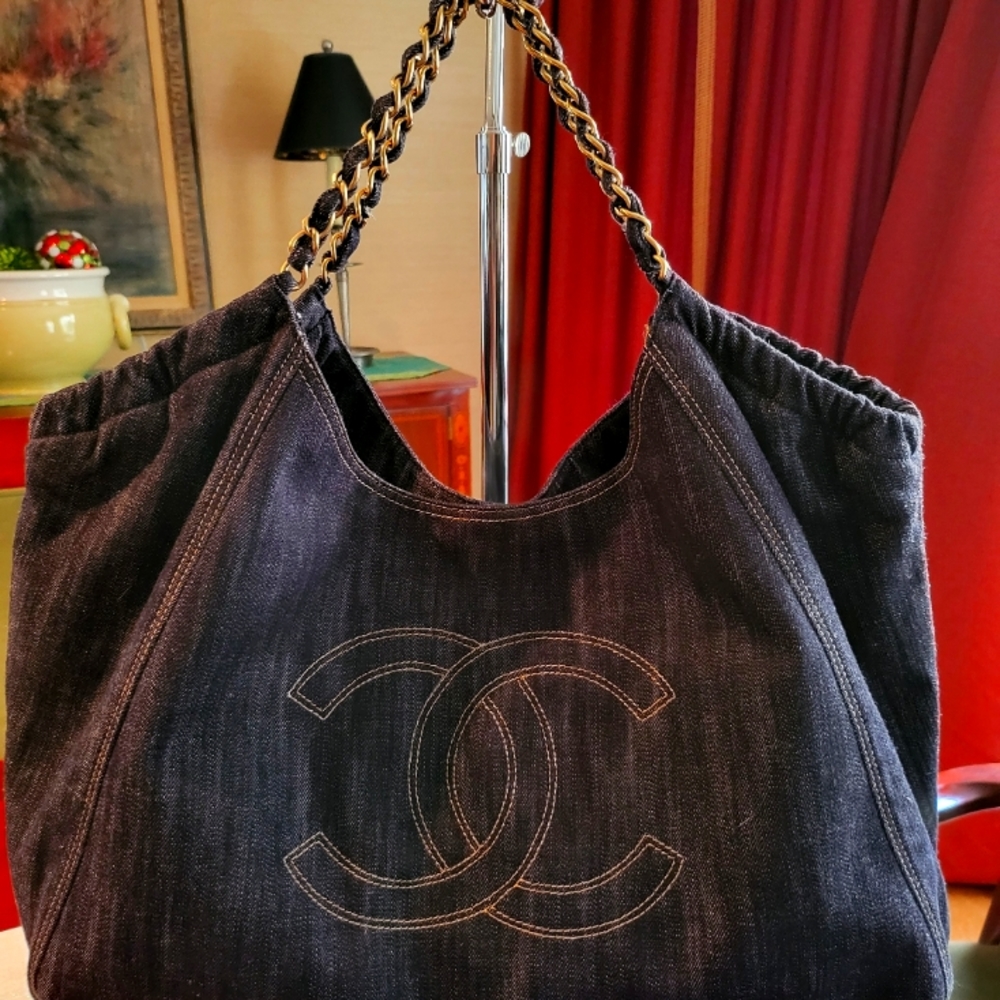 Chanel Denim Gold Shoulder Bag Weekend Oversize